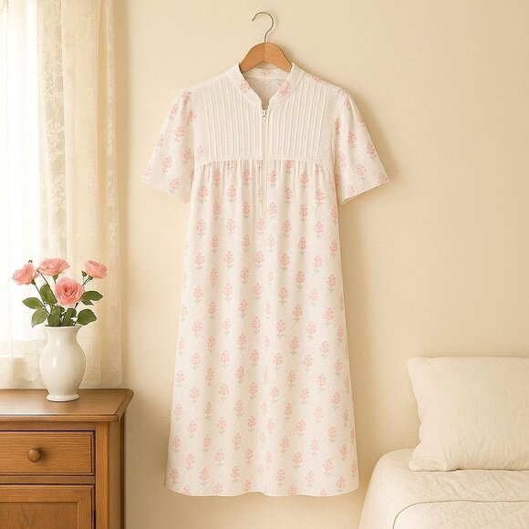 Gilligan Omalley Duster Nightgown Size M Floral Half Zip VTG Style Lounge Dress - Picture 2 of 13